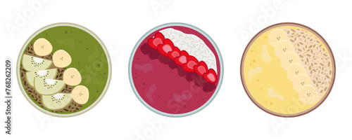 Smoothie bowls illustration set. Healthy breakfast topped with fresh fruit. Green, berry and banana smoothie bowl flat vector graphics. 