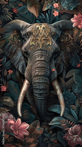 Illustration of an elegant Elephant head with rich, dark colors and ornate patterns against the backdrop of lush floral motifs created with Generative AI Technology