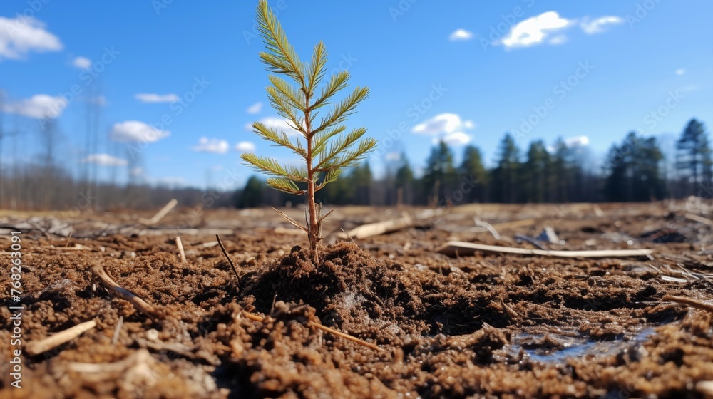 Fototapeta premium Captivating Image Depicting a Newly Planted Pine Tree on the Outskirts of an Open Field, Encompassed by Trees and Lush Grass, Clear Blue Sky Overhead, Freshly Ploughed Ground Nearby