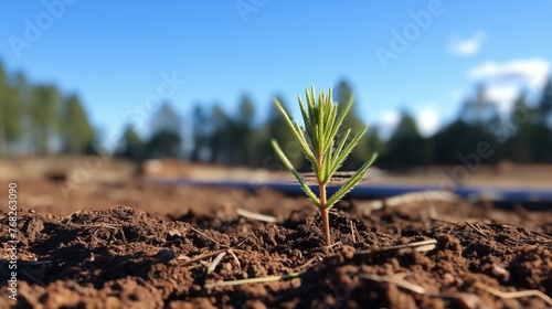 Photograph Capturing the Beauty of a Small Pine Tree Planted on the Border of an Open Field, Enveloped by Trees and Greenery, Azure Sky Above, Recently Ploughed Soil in the Vicinity, Taken with Canon  photo