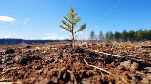 Photograph Capturing the Beauty of a Small Pine Tree Planted on the Border of an Open Field, Enveloped by Trees and Greenery, Azure Sky Above, Recently Ploughed Soil in the Vicinity, Taken with Canon  photo