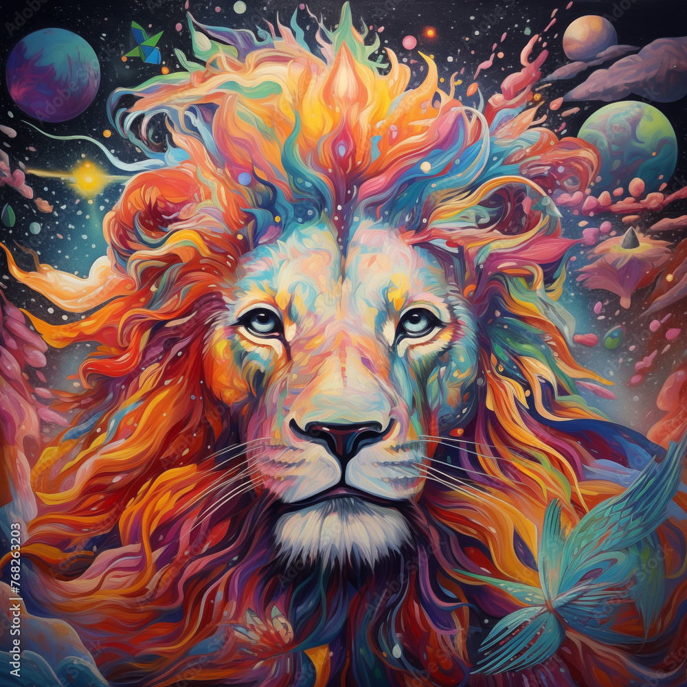 A trippy, colorful Picture of a Lion