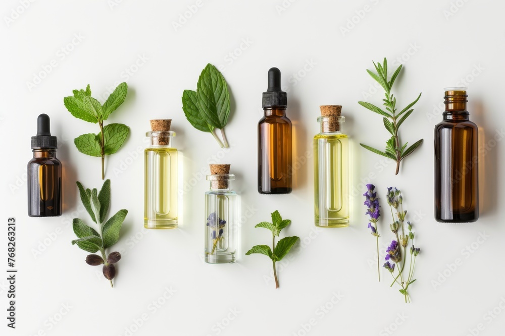 A collection of various essential oils, including lavender, peppermint, and eucalyptus, arranged neatly on a clean white background. A collection of various essential oils, including lavender, peppermint, and eucalyptus, arranged neatly on a clean white background.