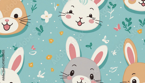 Happy rabbit cartoon doodle seamless pattern. Funny bunny face flat illustration background. Animal texture print, easter character wallpaper.