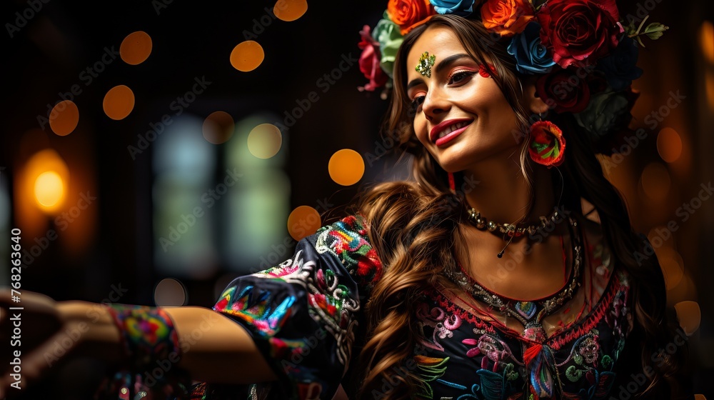 Fototapeta premium Beautiful girl in a traditional Mexican dress with bright patterns. Concept: Latin American culture in women's outfits