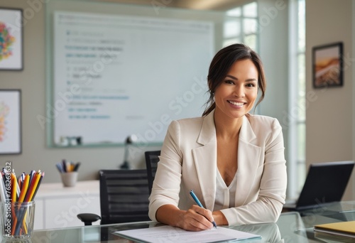 Businesswoman writes notes at her desk with a confident smile. Conveys a sense of accomplishment and organization.