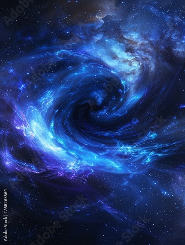 A swirling pattern of blue and purple colors with stars in the background