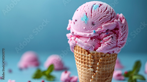 Ice cream with bubblegum flavor in a waffle cone with mint leaves on a blue background