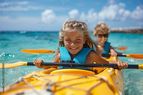 A smiling young girl in a life vest is kayaking in the clear blue ocean with another person behind her © Pinklife