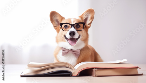 Smart funny dog with glasses reading book
