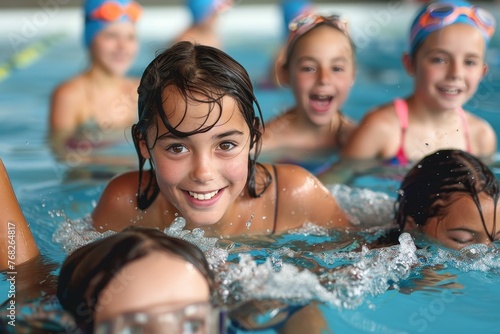 Group of happy kids with swim caps smiling in a swimming pool, conveying the joy of youth and friendship