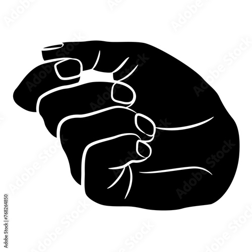 Human hand with bent fingers. Relaxed fist gesture. Black and white silhouette.