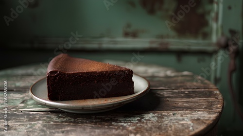 a slice of moist chocolate cake on porcelane plate on a worn wooden table. dark greenish wall in the background. generative AI photo