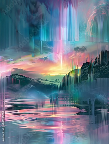 A painting depicting a colorful sky and water  with dynamic brushstrokes capturing the vivid hues of the sunset reflecting on the rippling waves