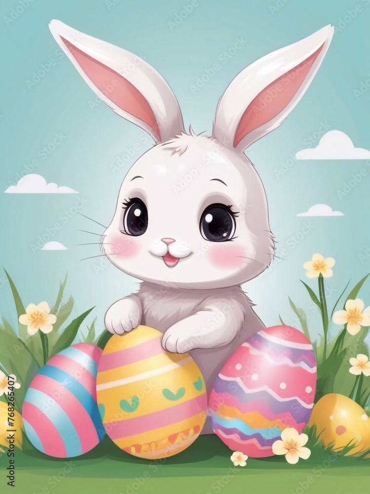 Obraz premium Cute holiday greeting card illustration for Easter with a cute cartoon Easter bunny. Happy Easter cute poster, banner art design