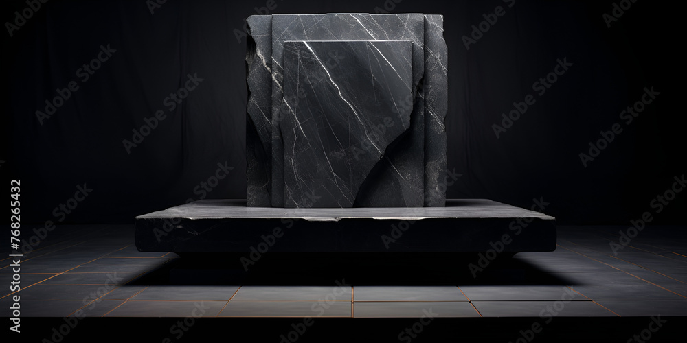 Pedestal de mármore iluminado com fundo preto, Un fondo negro con una gran roca en el medio. - obrazy, fototapety, plakaty 