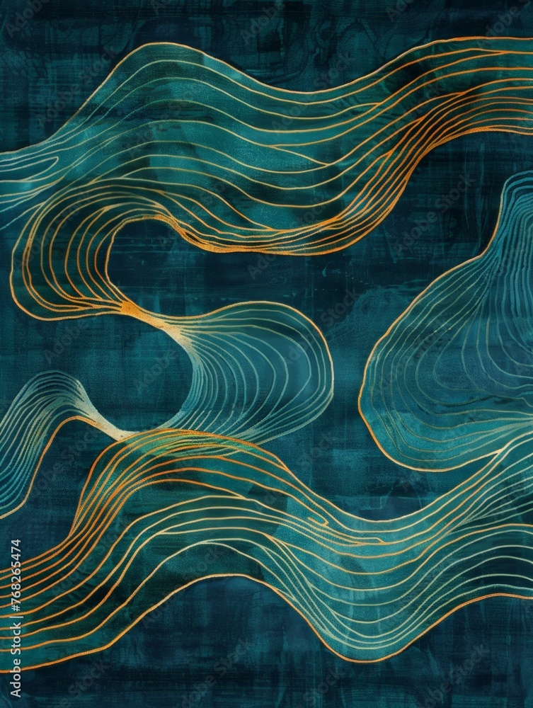 A detailed painting of ocean waves captured in motion, set against a vibrant blue backdrop