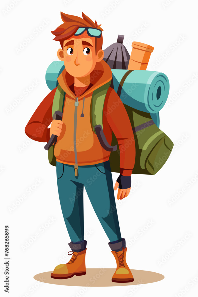 Vector illustration of a backpacker with a lot of stuff on its back. Vector illustration of a backpacker with a lot of stuff on its back.