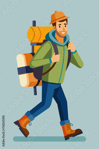Vector illustration of a backpacker with a lot of stuff on its back.