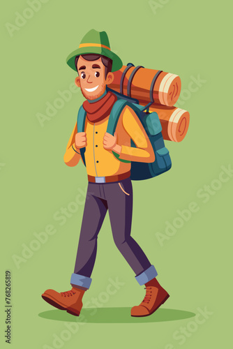 Vector illustration of a backpacker with a lot of stuff on its back.