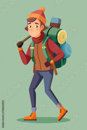 Vector illustration of a backpacker with a lot of stuff on its back.