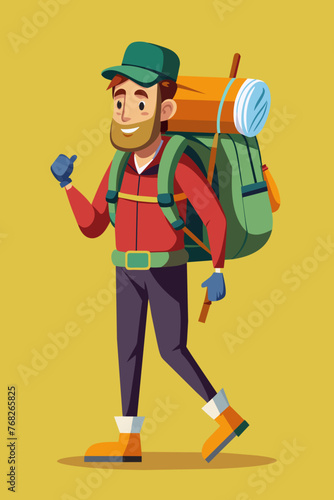 Vector illustration of a backpacker with a lot of stuff on its back.