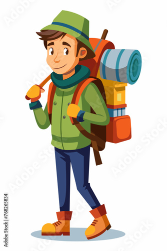 Vector illustration of a backpacker with a lot of stuff on its back. © KHF