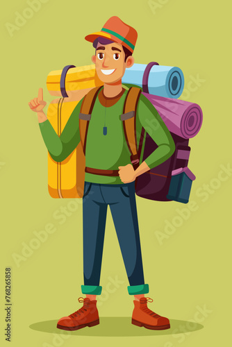 Vector illustration of a backpacker with a lot of stuff on its back.