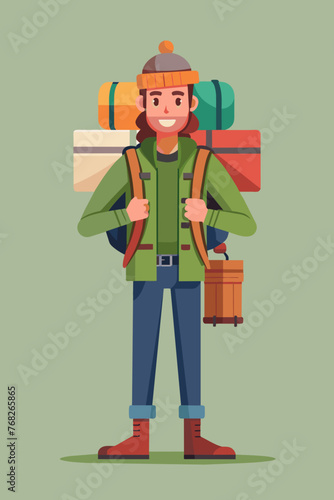 Vector illustration of a backpacker with a lot of stuff on its back.
