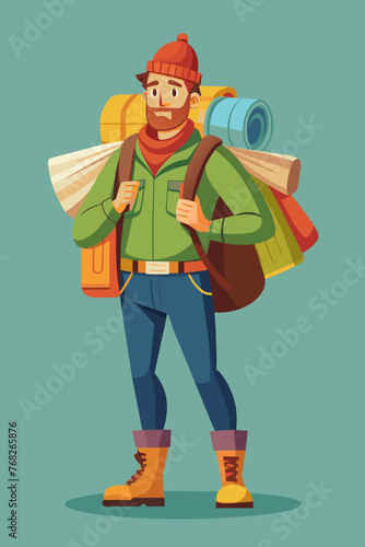 Vector illustration of a backpacker with a lot of stuff on its back.