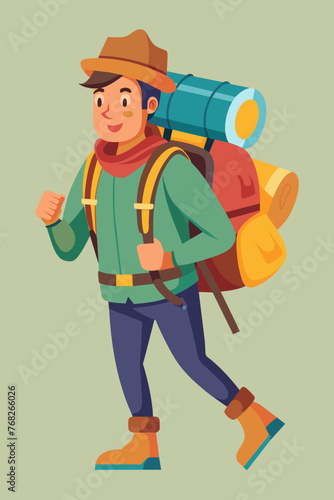 Vector illustration of a backpacker with a lot of stuff on its back.