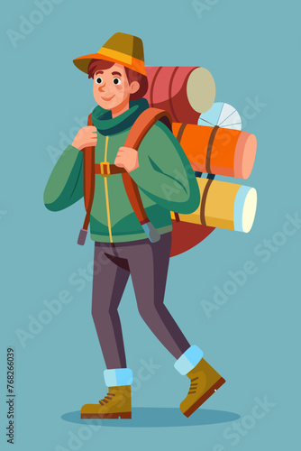 Vector illustration of a backpacker with a lot of stuff on its back.