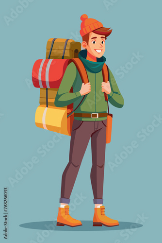 Vector illustration of a backpacker with a lot of stuff on its back.