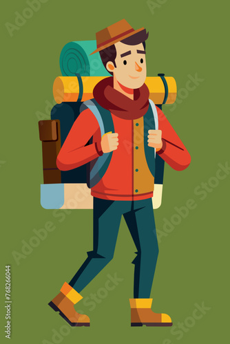 Vector illustration of a backpacker with a lot of stuff on its back.