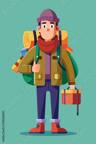 Vector illustration of a backpacker with a lot of stuff on its back.