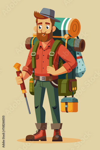 Vector illustration of a backpacker with a lot of stuff on its back.