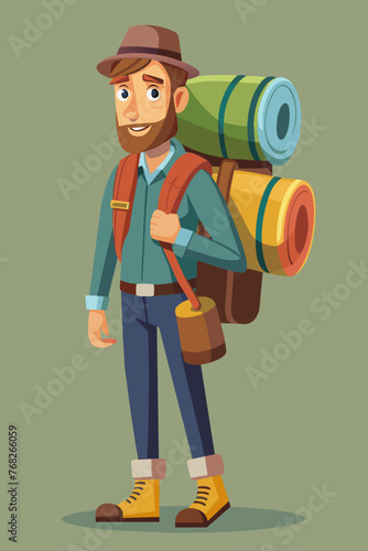 Vector illustration of a backpacker with a lot of stuff on its back.