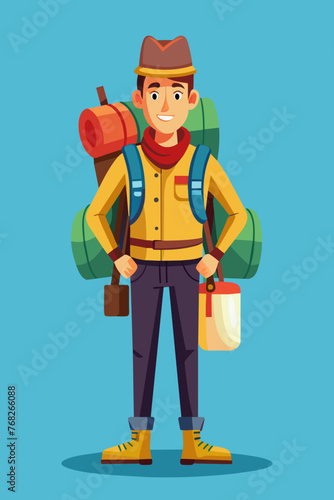 Vector illustration of a backpacker with a lot of stuff on its back. © KHF