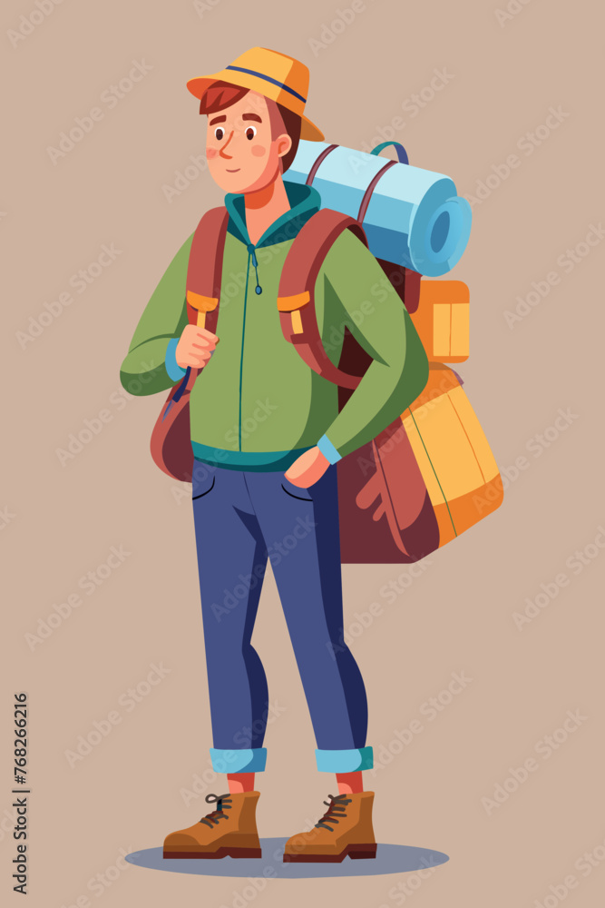 Vector illustration of a backpacker with a lot of stuff on its back. Vector illustration of a backpacker with a lot of stuff on its back.