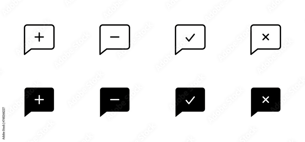 Chat icon set. Chat plus, minus, right, wrong, comment plus, comment minus, comment upload, comment download, chat box, chat, communications. Editable stroke. Vector illustration. 
