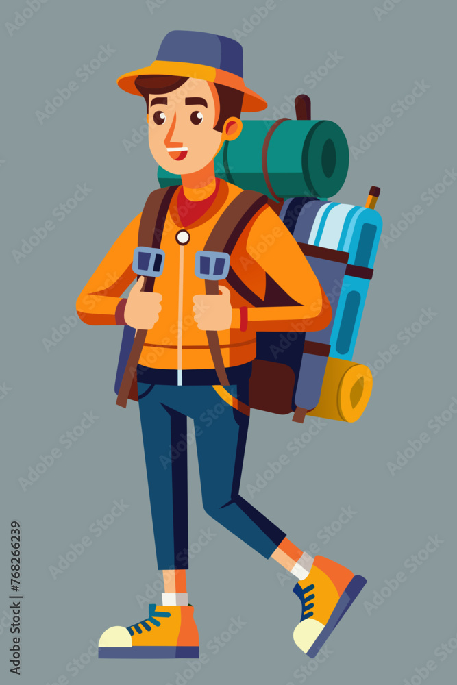 Vector illustration of a backpacker with a lot of stuff on its back.