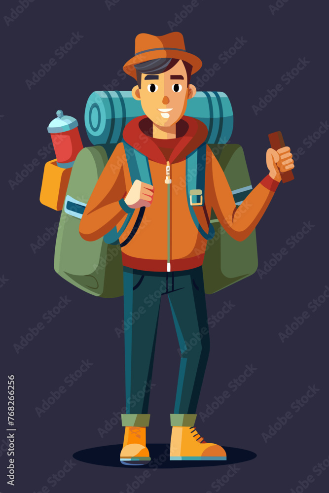 Fototapeta premium Vector illustration of a backpacker with a lot of stuff on its back.