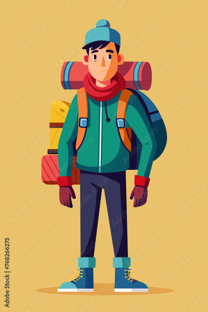 Vector illustration of a backpacker with a lot of stuff on its back. Vector illustration of a backpacker with a lot of stuff on its back.