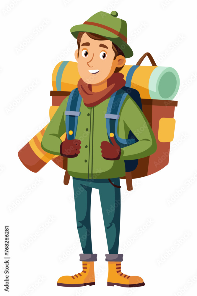 Vector illustration of a backpacker with a lot of stuff on its back. Vector illustration of a backpacker with a lot of stuff on its back.