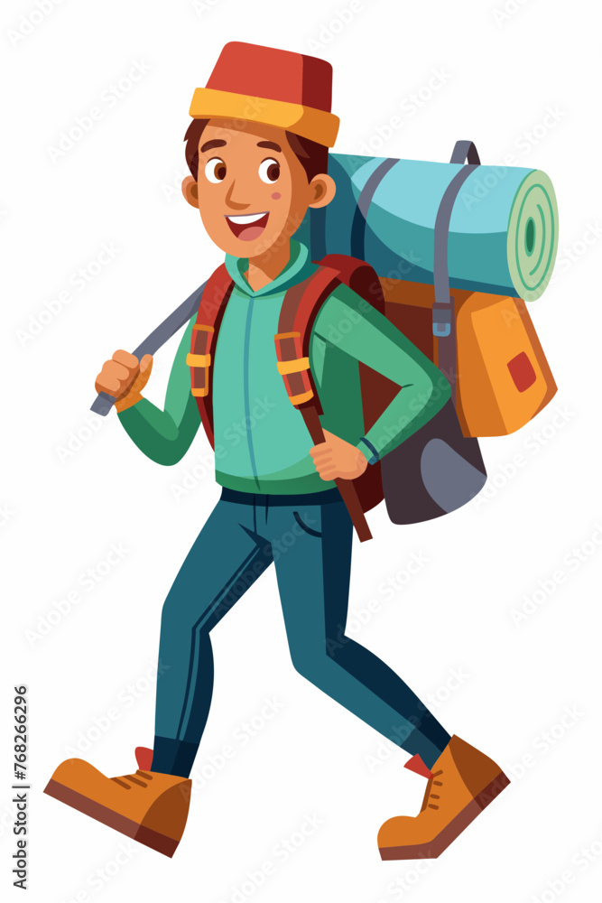 Fototapeta premium Vector illustration of a backpacker with a lot of stuff on its back.