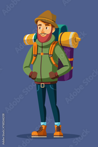 Vector illustration of a backpacker with a lot of stuff on its back.