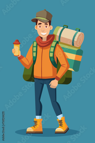 Vector illustration of a backpacker with a lot of stuff on its back.