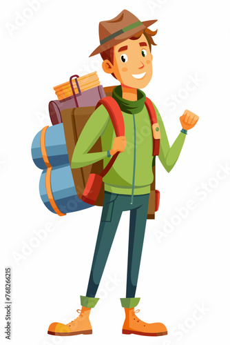 Vector illustration of a backpacker with a lot of stuff on its back.