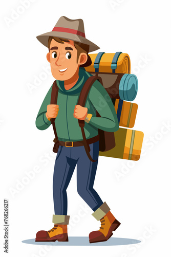 Vector illustration of a backpacker with a lot of stuff on its back.
