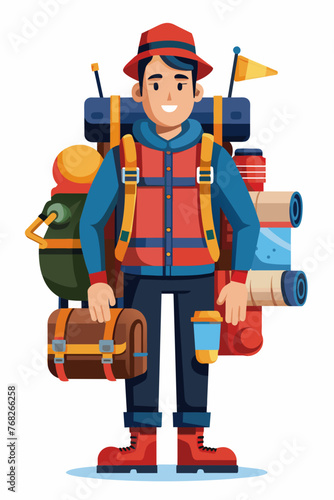 Vector illustration of a backpacker with a lot of stuff on its back.